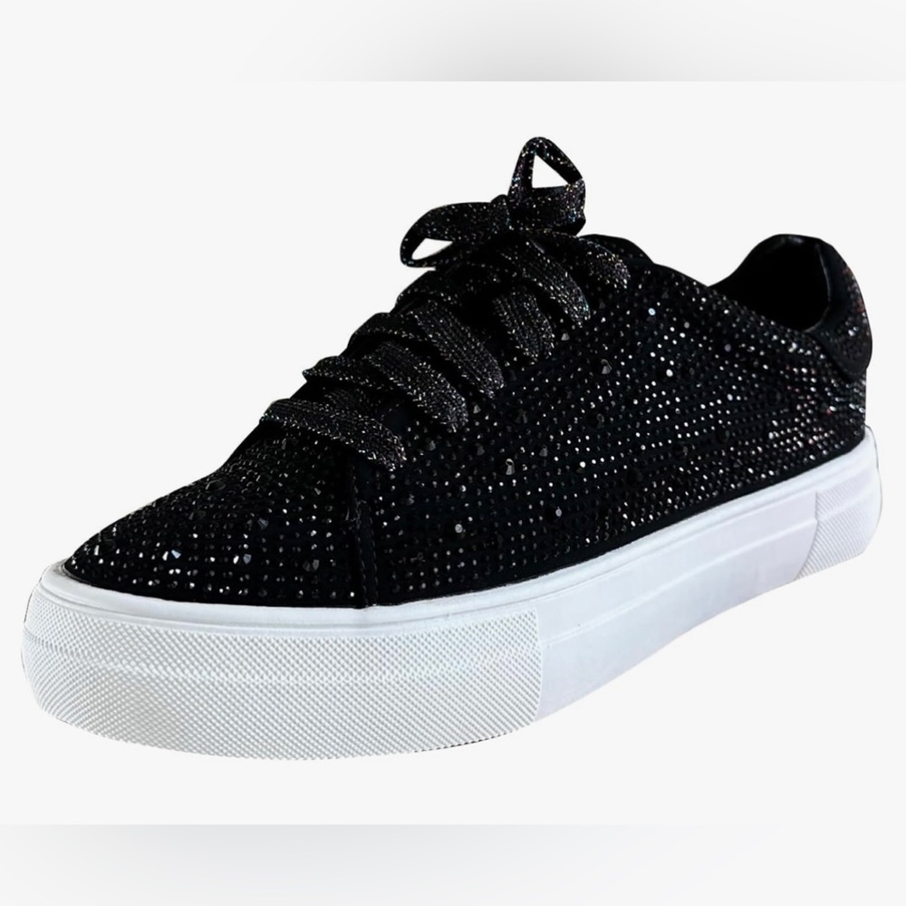 Forever Link Women Round Toe Rhinestone Crystal Embellished Lace Up Sneakers